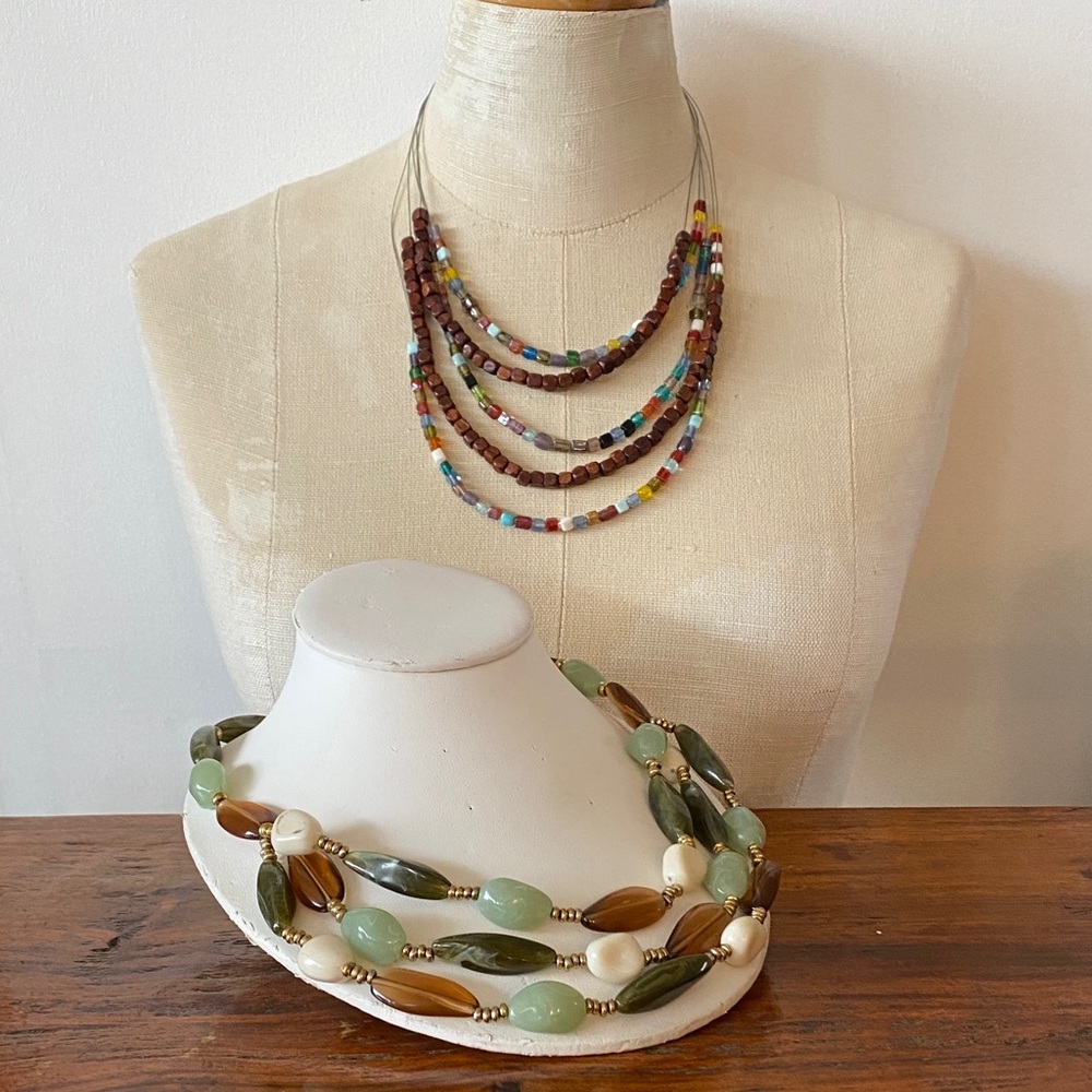 COSTUME set of 2- Multicolor Beaded Necklaces, earth tones.